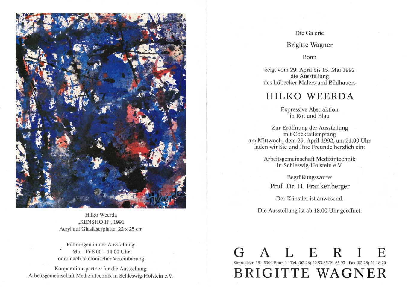 Aufgeklappte Einladung der Galerie Brigitte Wagner in Bonn, 1992