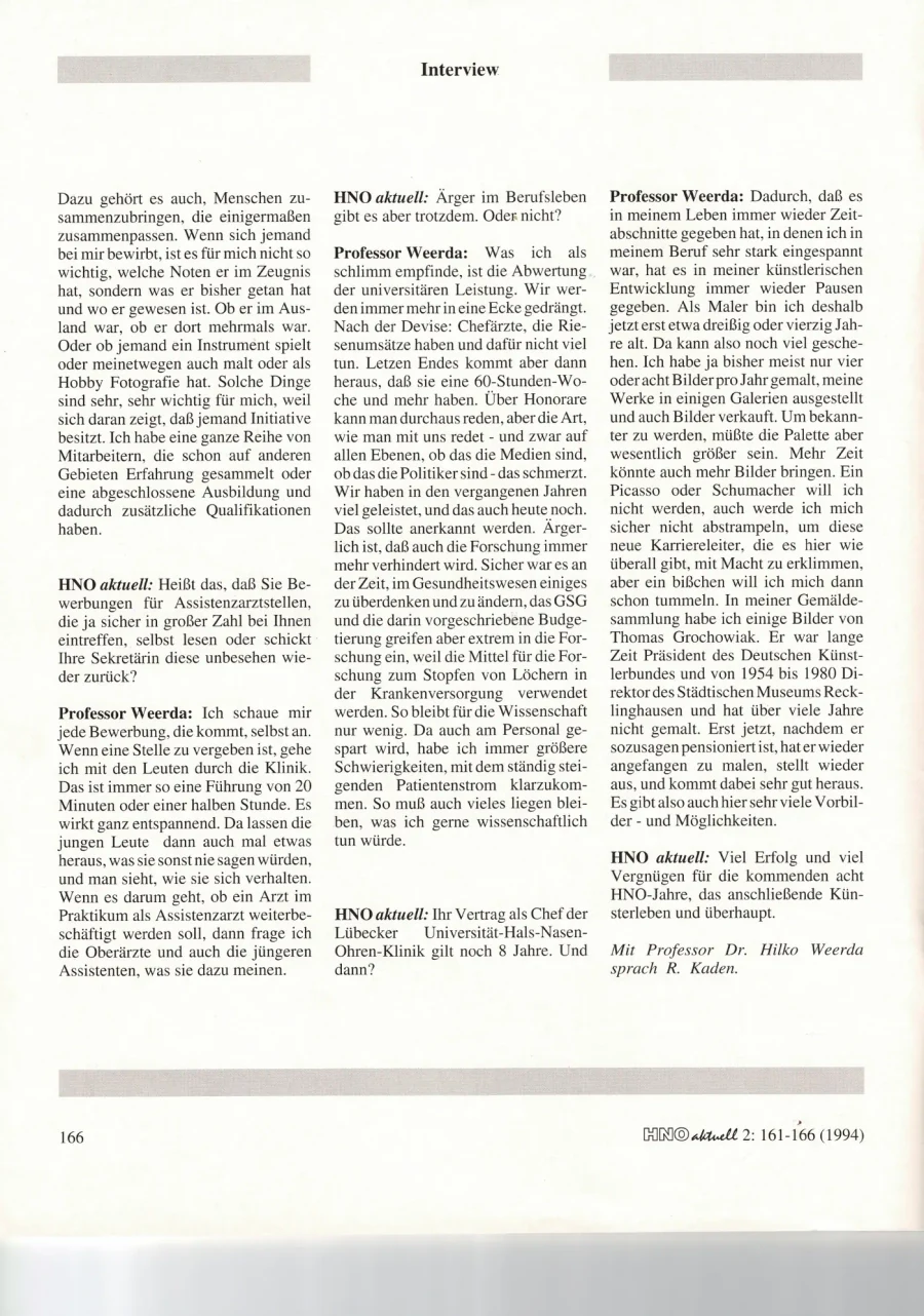 Interview mit Hilko Weerda von R. Kaden, HNO aktuell, Seite 166. Die rechte Spalte erwähnt Gemälde von Thomas Grochowiak in seiner Sammlung.