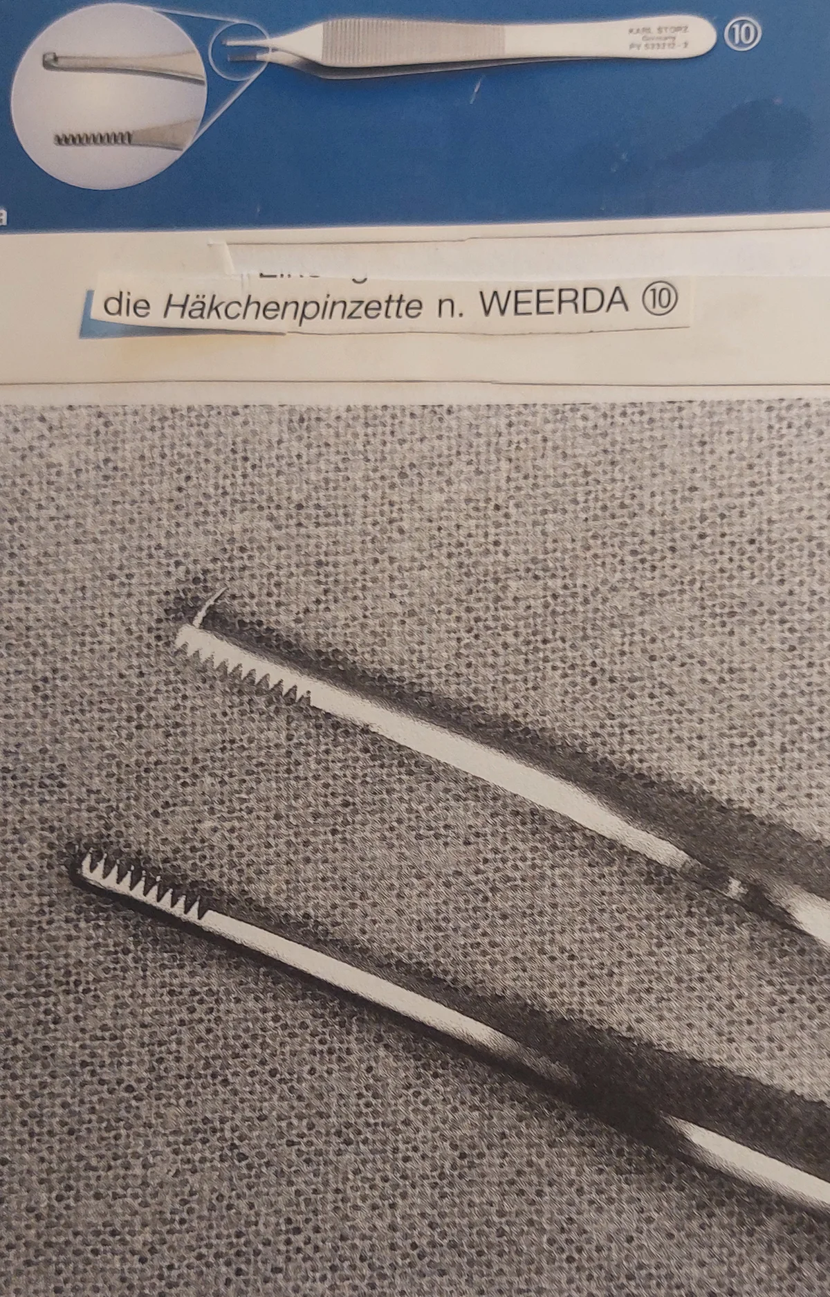 Hakenpinzette mit vergrößert dargestellter Spitze.